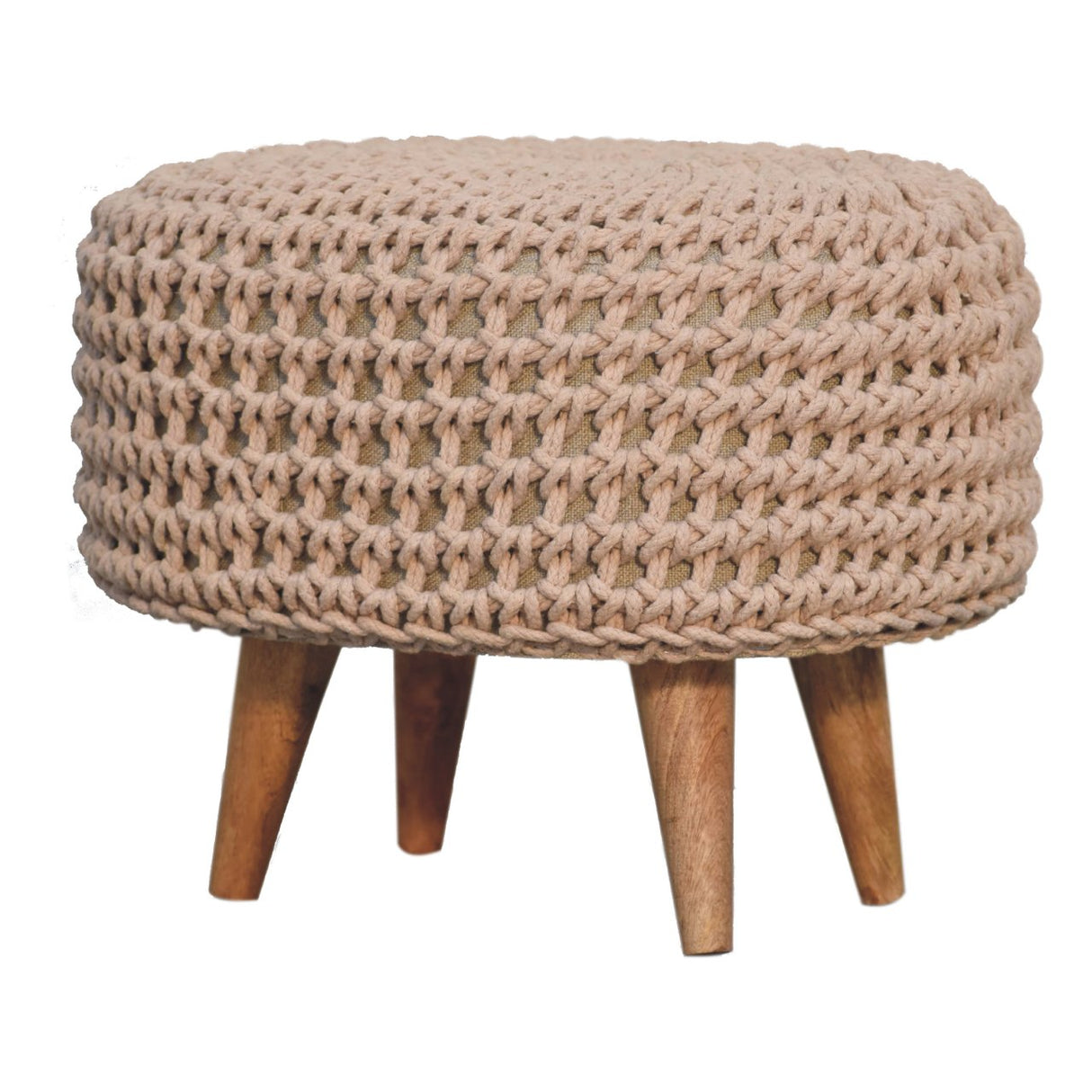 Solid Mango Wood Footstool Round With Oblong Woven Top - Keeva