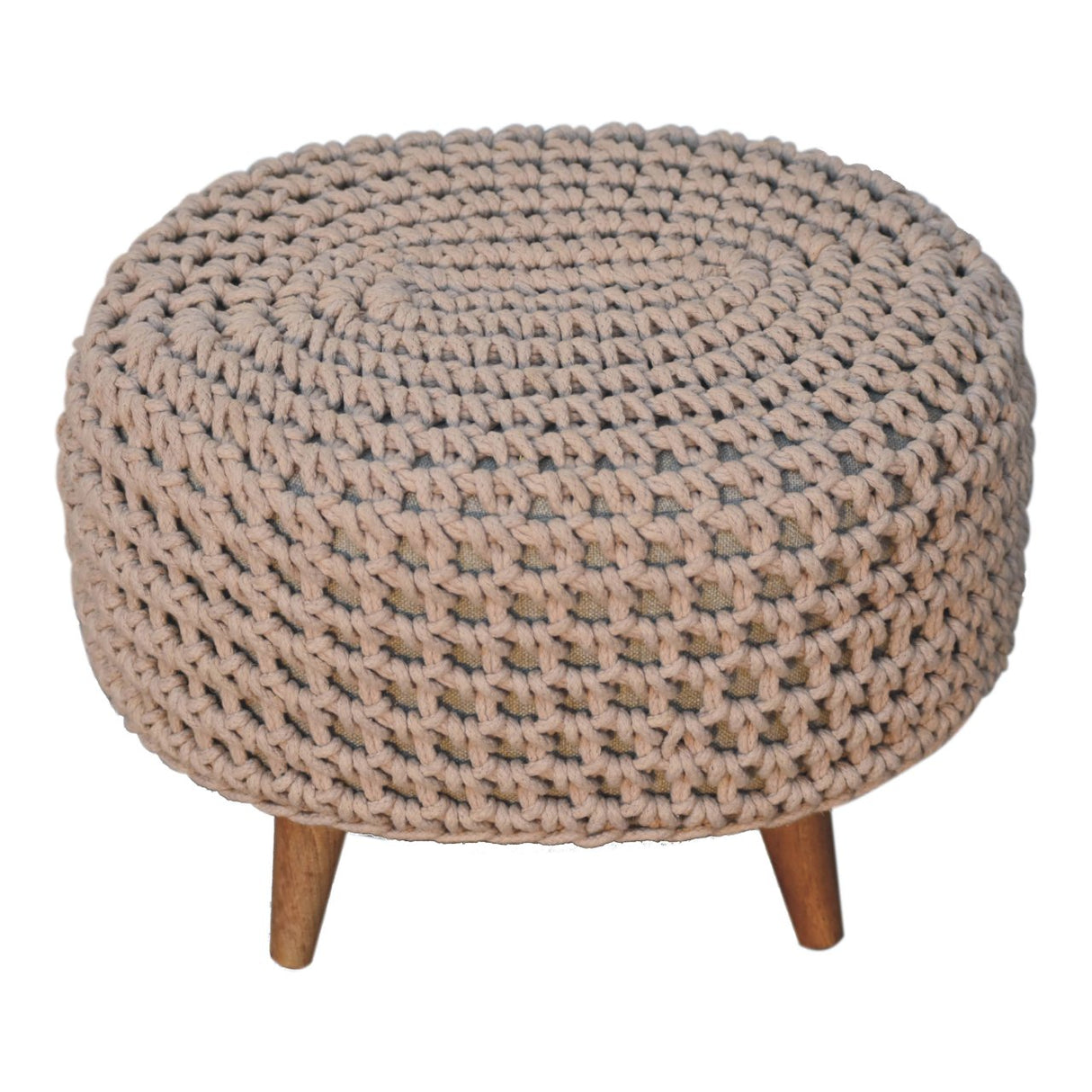 Solid Mango Wood Footstool Round With Oblong Woven Top - Keeva
