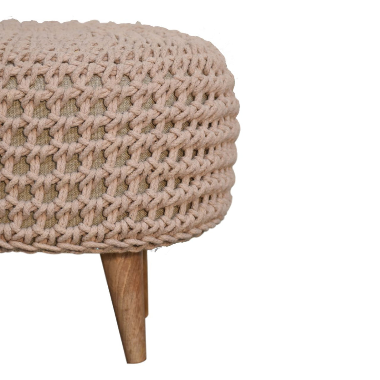 Solid Mango Wood Footstool Round With Oblong Woven Top - Keeva
