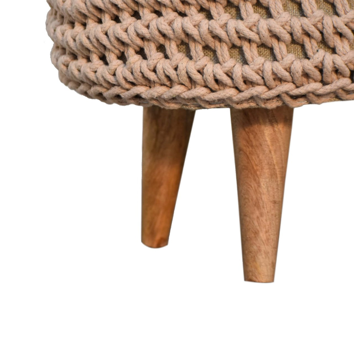 Solid Mango Wood Footstool Round With Oblong Woven Top - Keeva