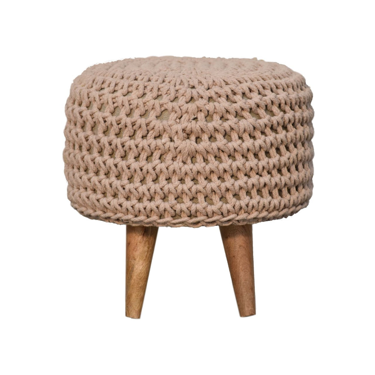 Solid Mango Wood Footstool Round With Oblong Woven Top - Keeva