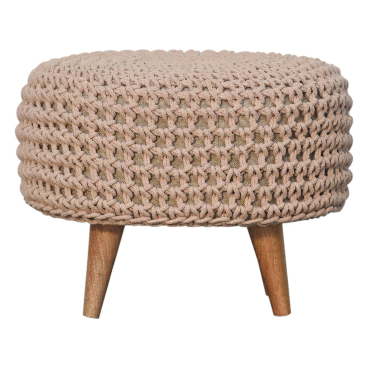 Solid Mango Wood Footstool Round With Oblong Woven Top - Keeva
