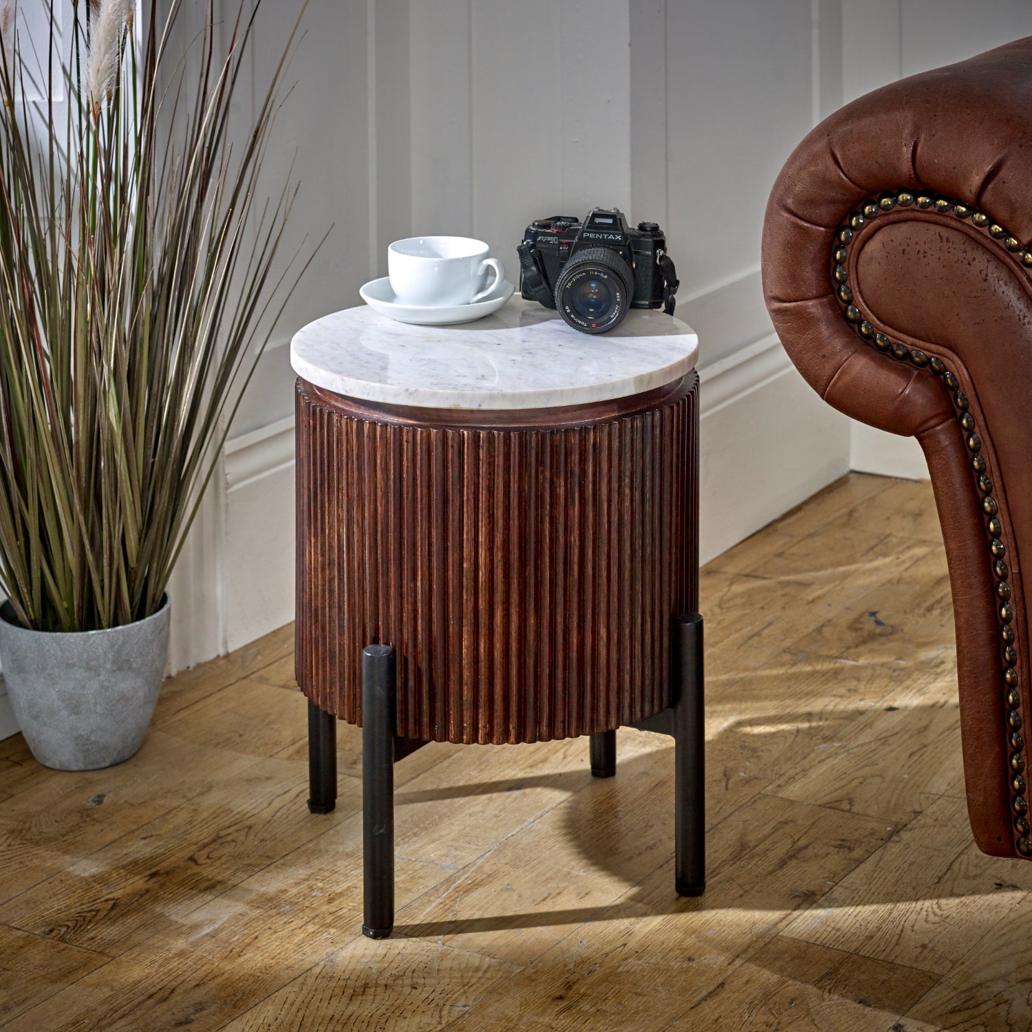 Solid Mango Wood Side Table Round With Marble Top - Opal