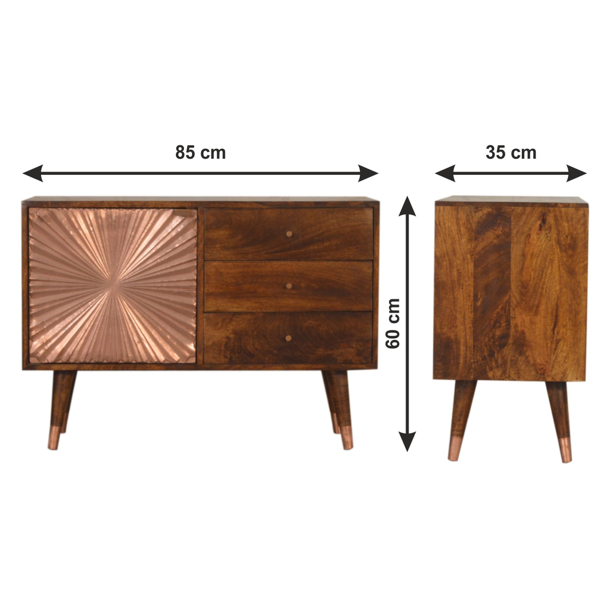 Solid Mango Wood Sideboard With 1 Copper Front Door And 3 Drawers - Manila