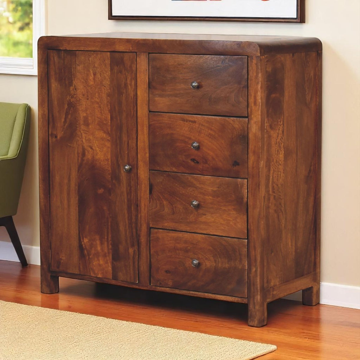 Solid Mango Wood Sideboard With 1 Door And 4 Drawers - Aspen