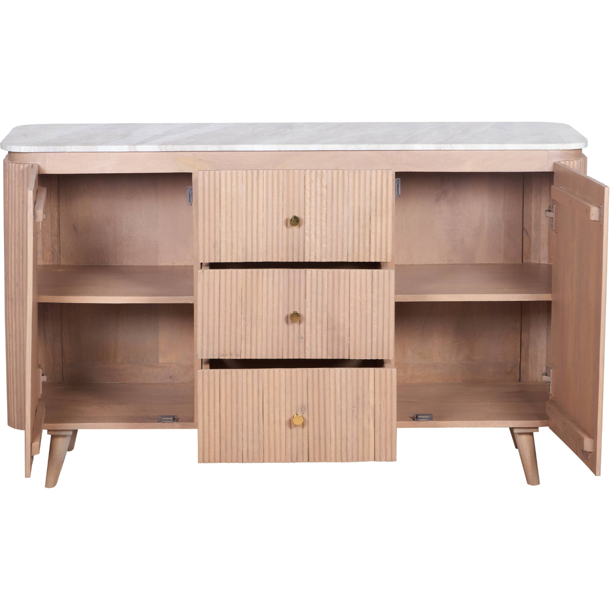 Solid Mango Wood Sideboard With 2 Doors 3 Drawers And Natural Marble Top - Ashford
