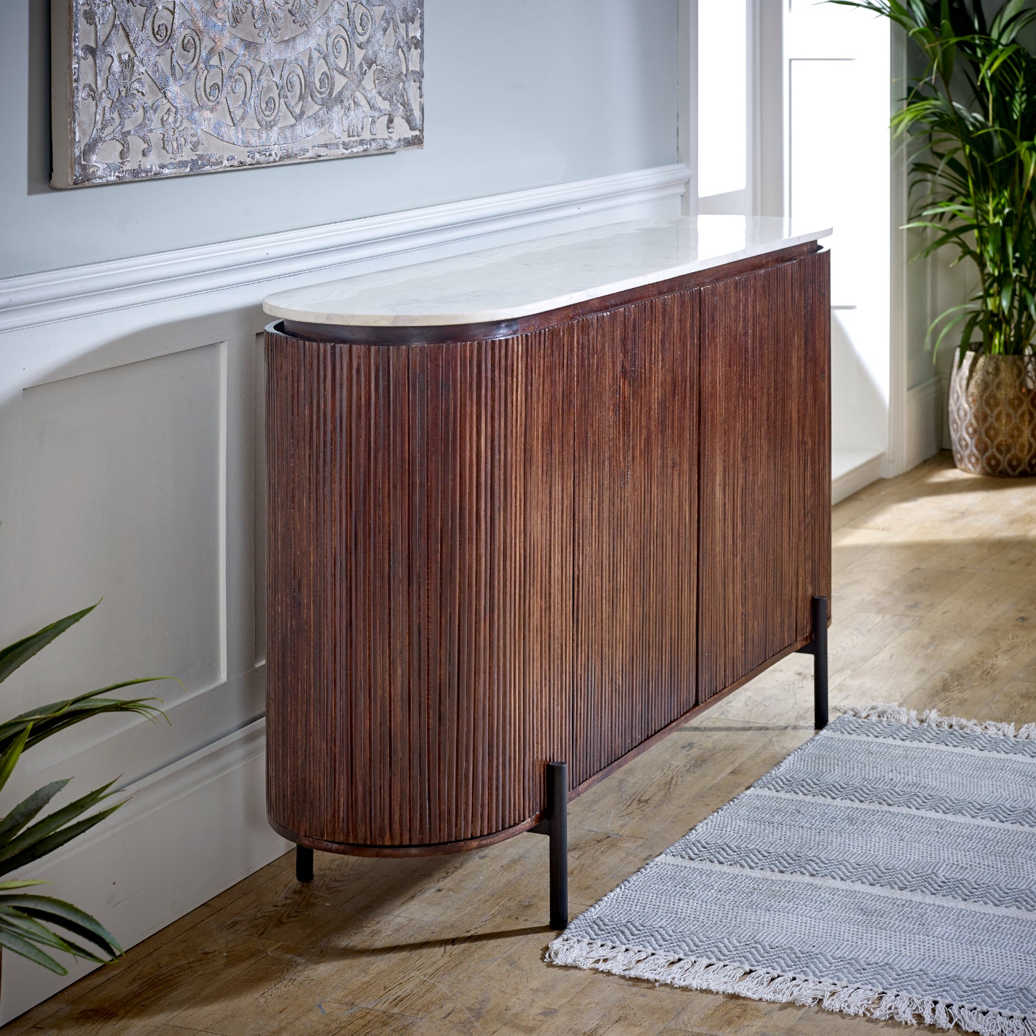 Solid Mango Wood Sideboard With 4 Doors And Marble Top - Opal