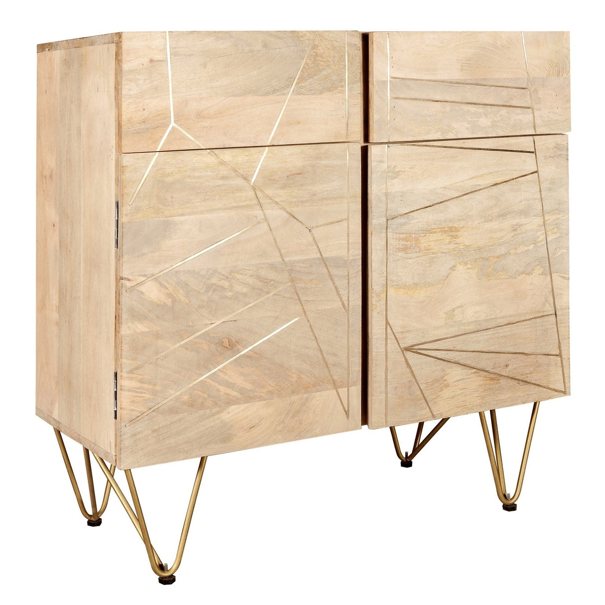 Solid Mango Wood Sideboard With 2 Doors And 2 Drawers - Light Gold