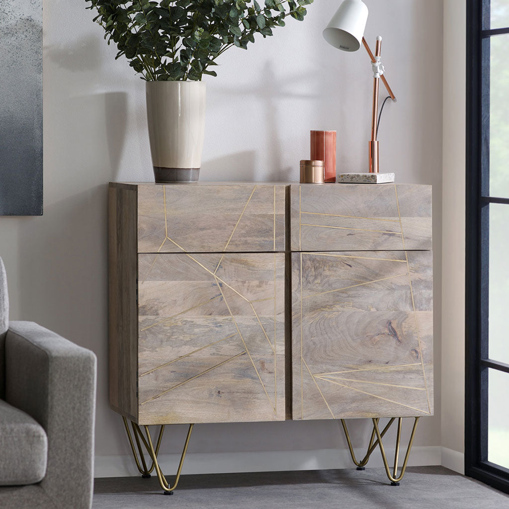 Solid Mango Wood Sideboard With 2 Doors And 2 Drawers - Light Gold