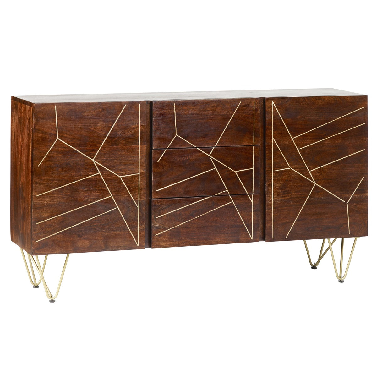 Solid Mango Wood Sideboard With 2 Doors And 3 Drawers - Dark Gold