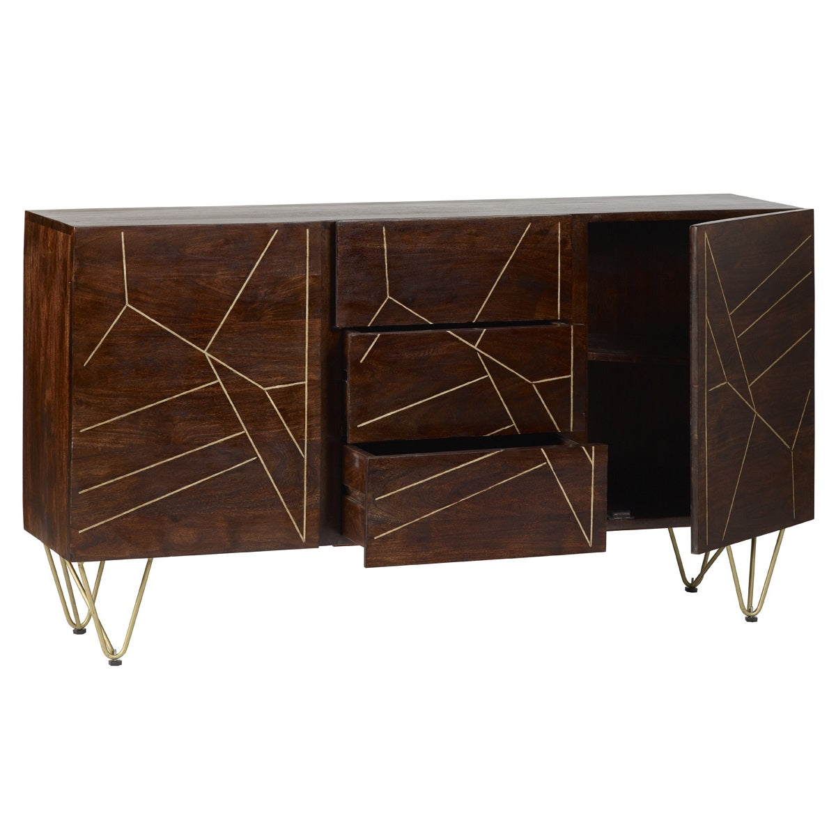 Solid Mango Wood Sideboard With 2 Doors And 3 Drawers - Dark Gold
