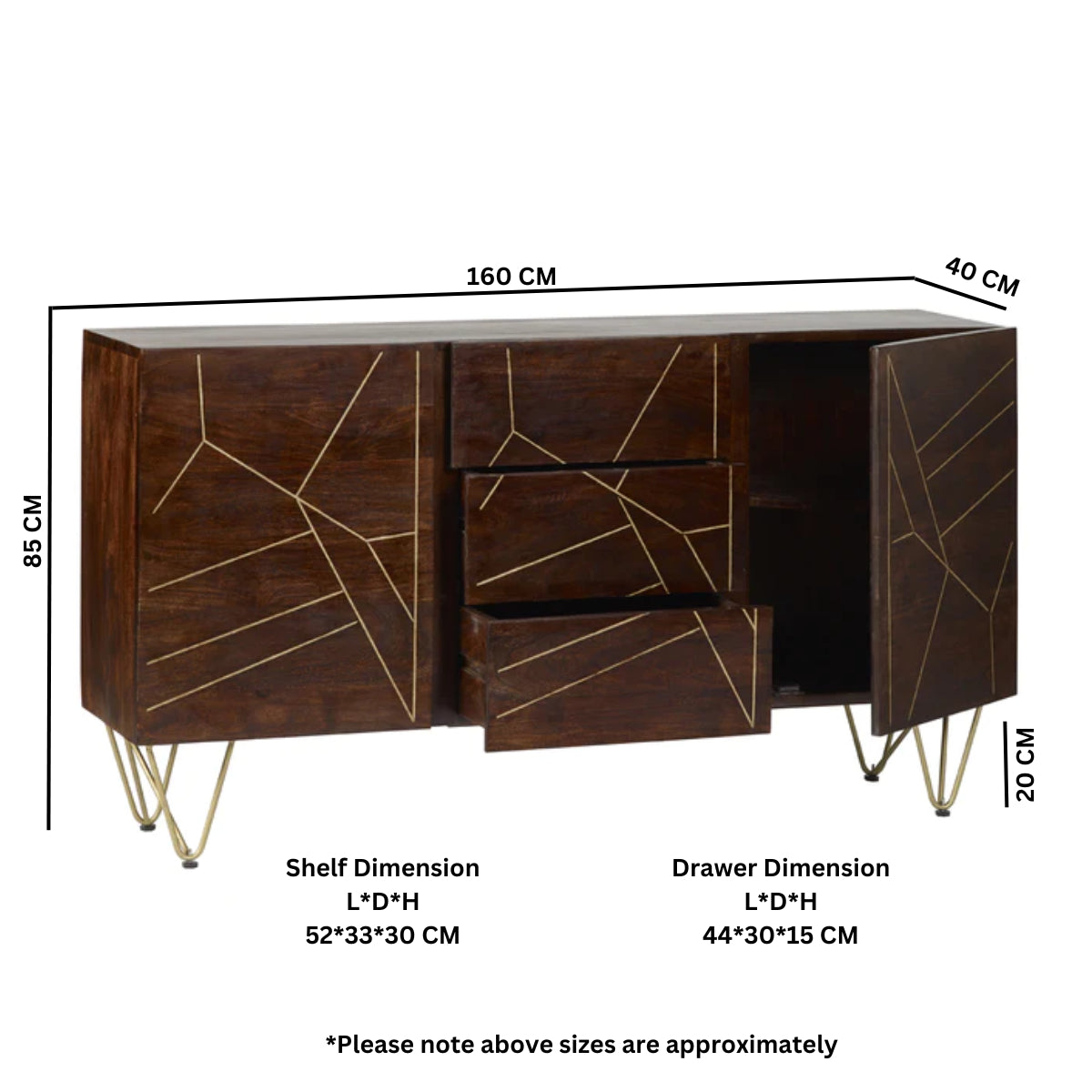 Solid Mango Wood Sideboard With 2 Doors And 3 Drawers - Dark Gold