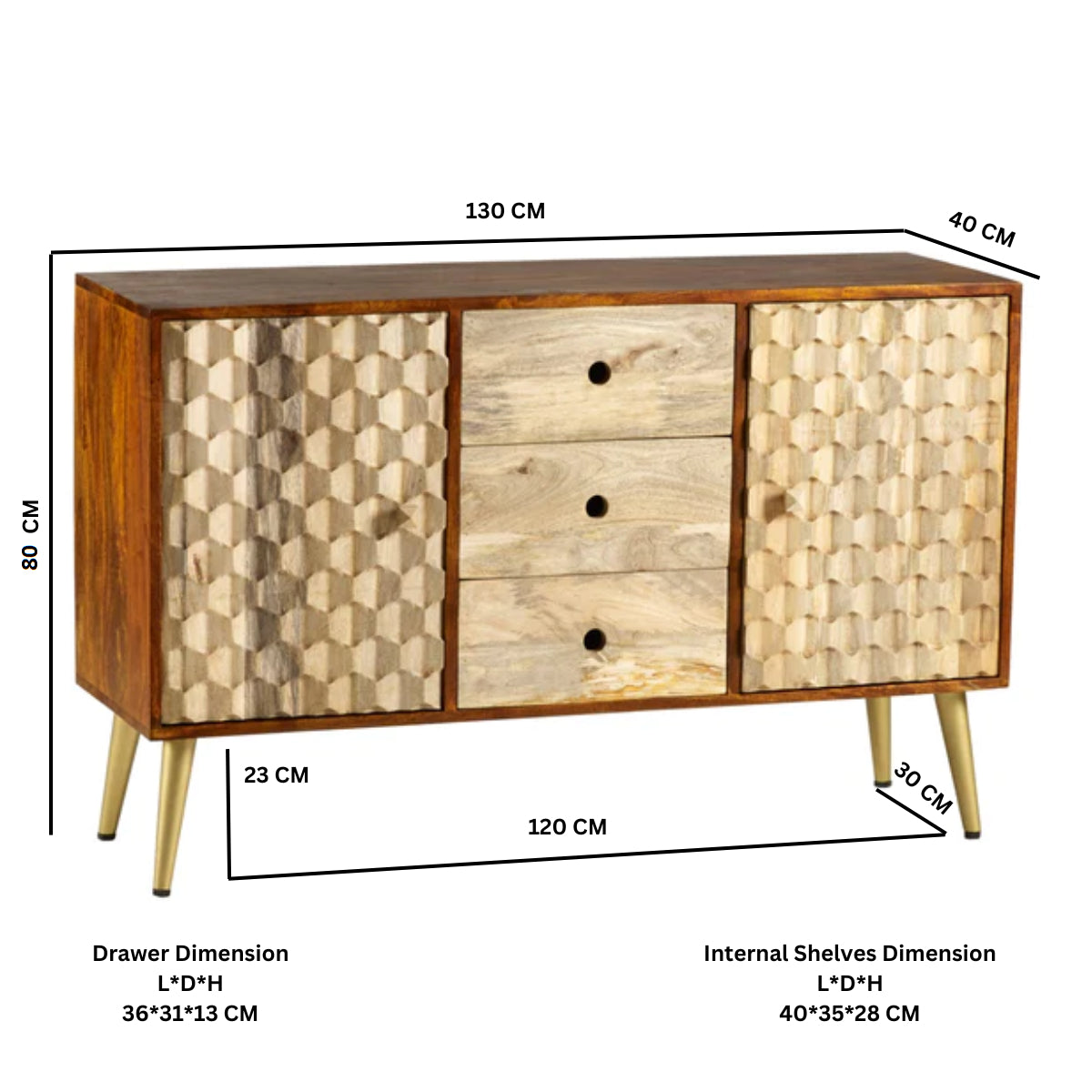 Solid Mango Wood Sideboard With 2 Doors And 3 Drawers - Edison
