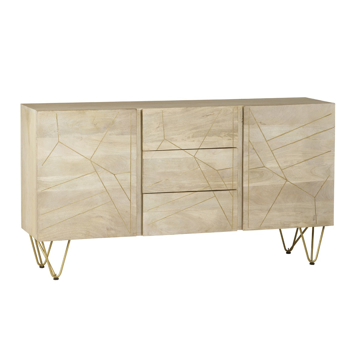 Solid Mango Wood Sideboard With 2 Doors And 3 Drawers - Light Gold