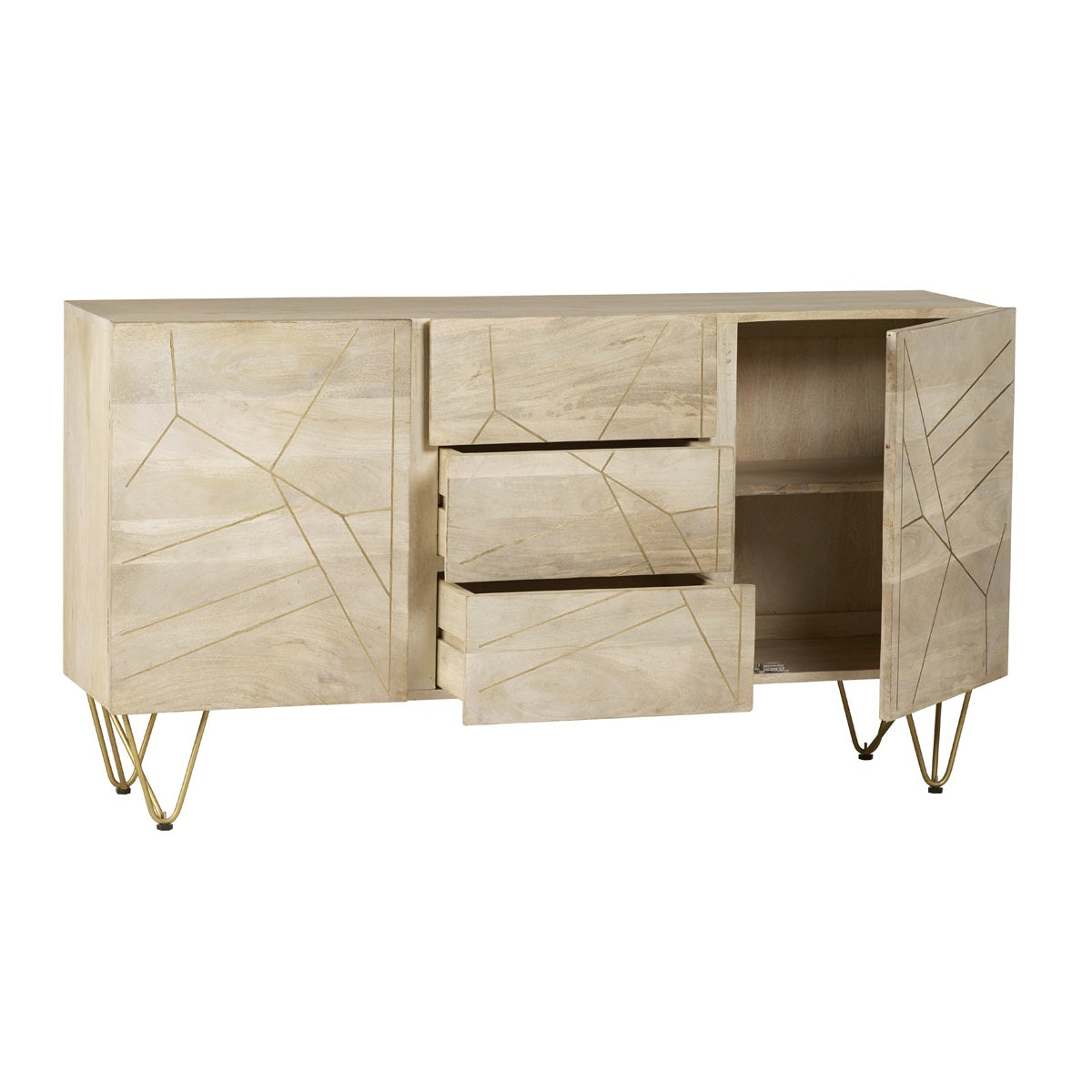Solid Mango Wood Sideboard With 2 Doors And 3 Drawers - Light Gold