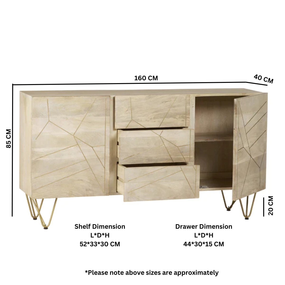 Solid Mango Wood Sideboard With 2 Doors And 3 Drawers - Light Gold