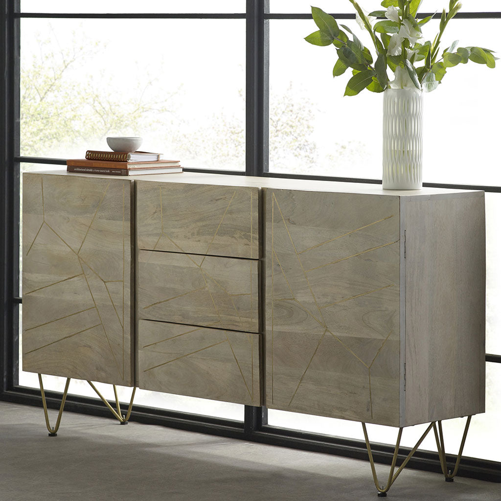 Solid Mango Wood Sideboard With 2 Doors And 3 Drawers - Light Gold