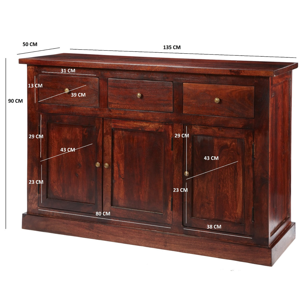 Solid Mango Wood Sideboard With 3 Doors And 3 Drawers - Jaipur