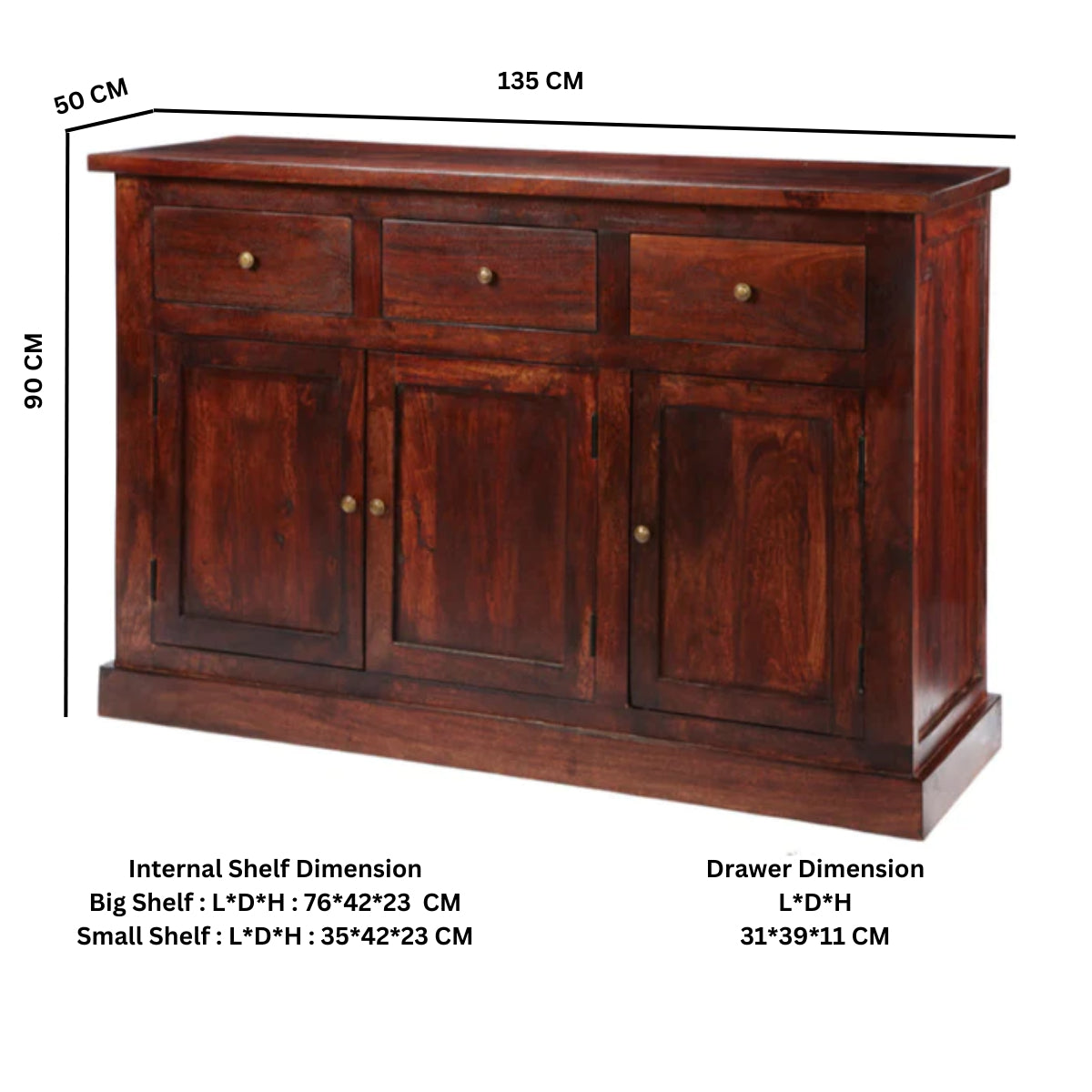 Solid Mango Wood Sideboard With 3 Doors And 3 Drawers - Jaipur