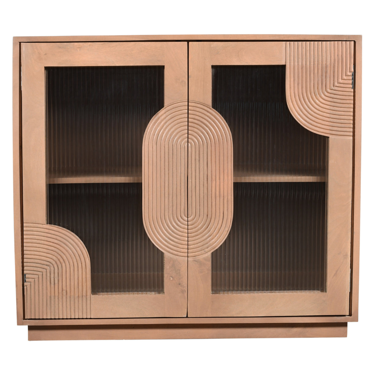 Solid Mango Wood Storage Cabinet With 2 Fluted Glass Doors - Indus