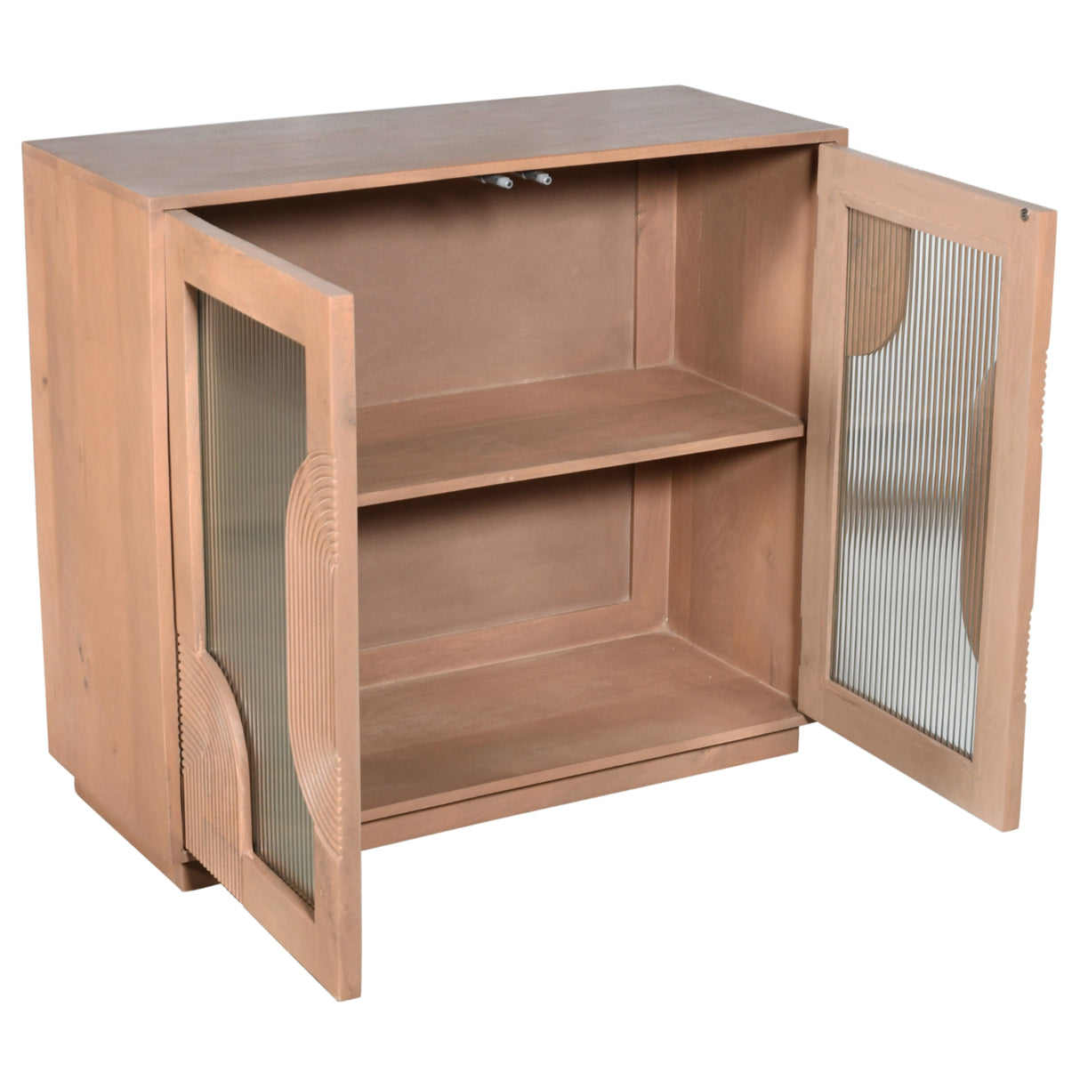 Solid Mango Wood Storage Cabinet With 2 Fluted Glass Doors - Indus