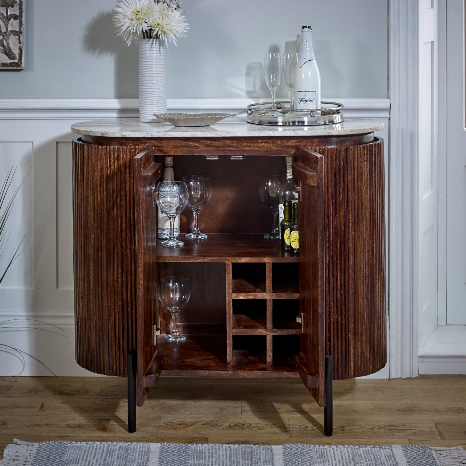 Solid Mango Wood Storage Cabinet With Marble Top - Opal