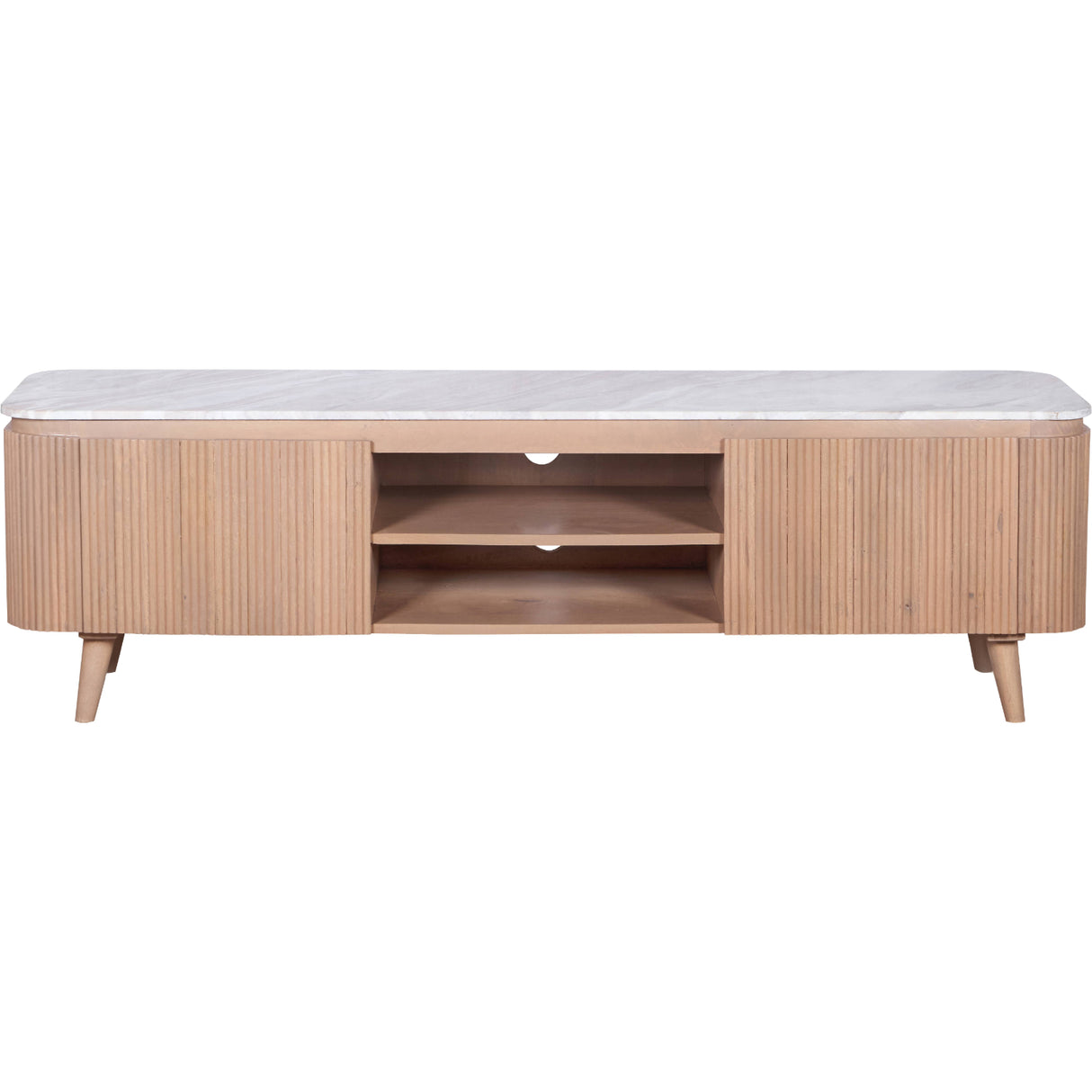 Solid Mango Wood TV Stand With 2 Doors And Natural Marble Top - Ashford