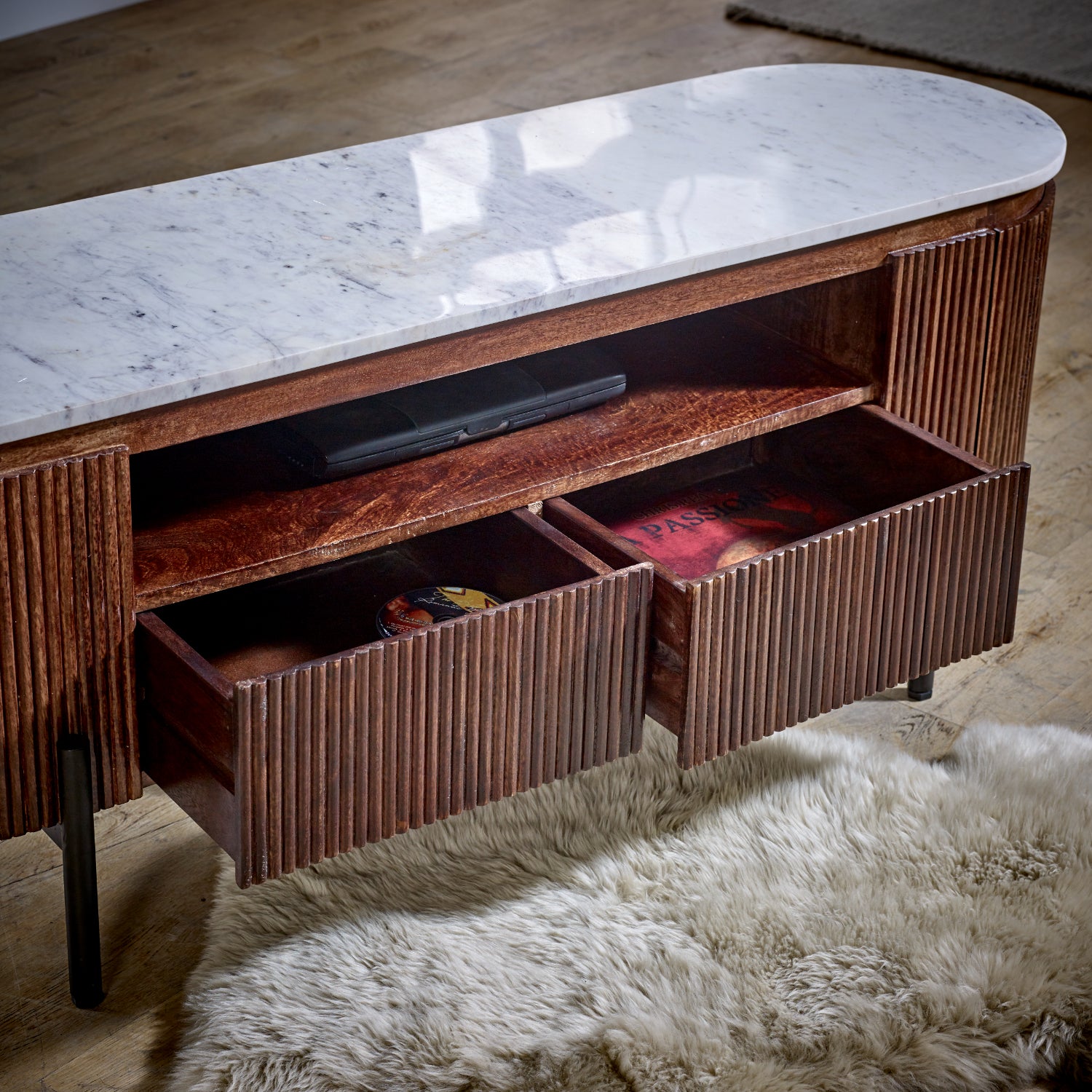 Solid Mango Wood TV Stand With 2 Drawers And Marble Top - Opal