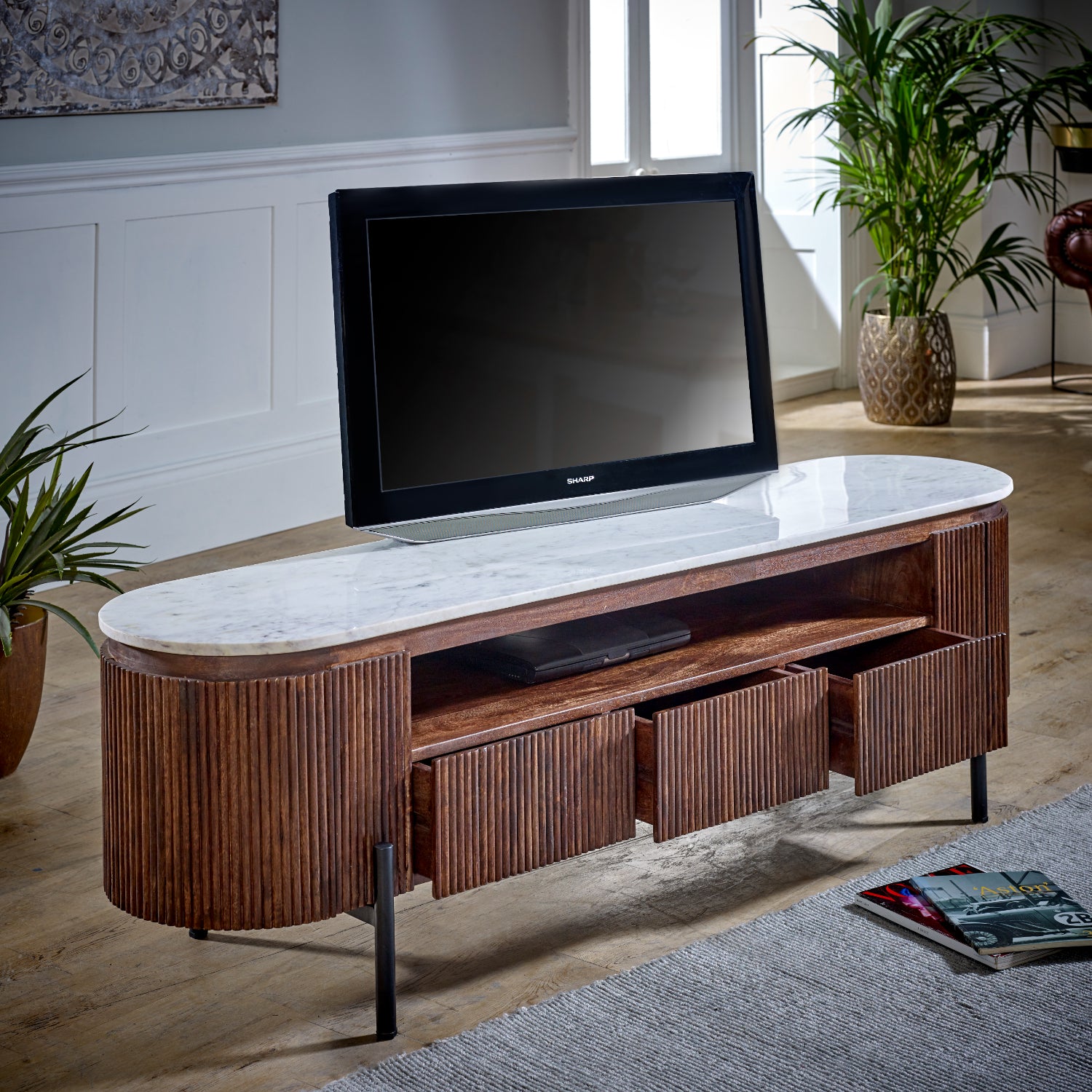 Solid Mango Wood TV Stand With Marble Top - Opal