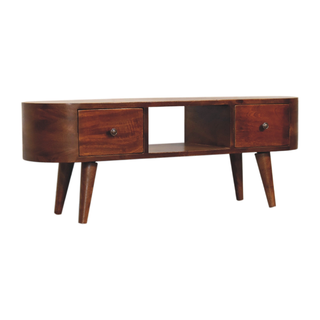 Solid Mango Wood TV Stand Round And Open With 2 Drawers - Birmingham