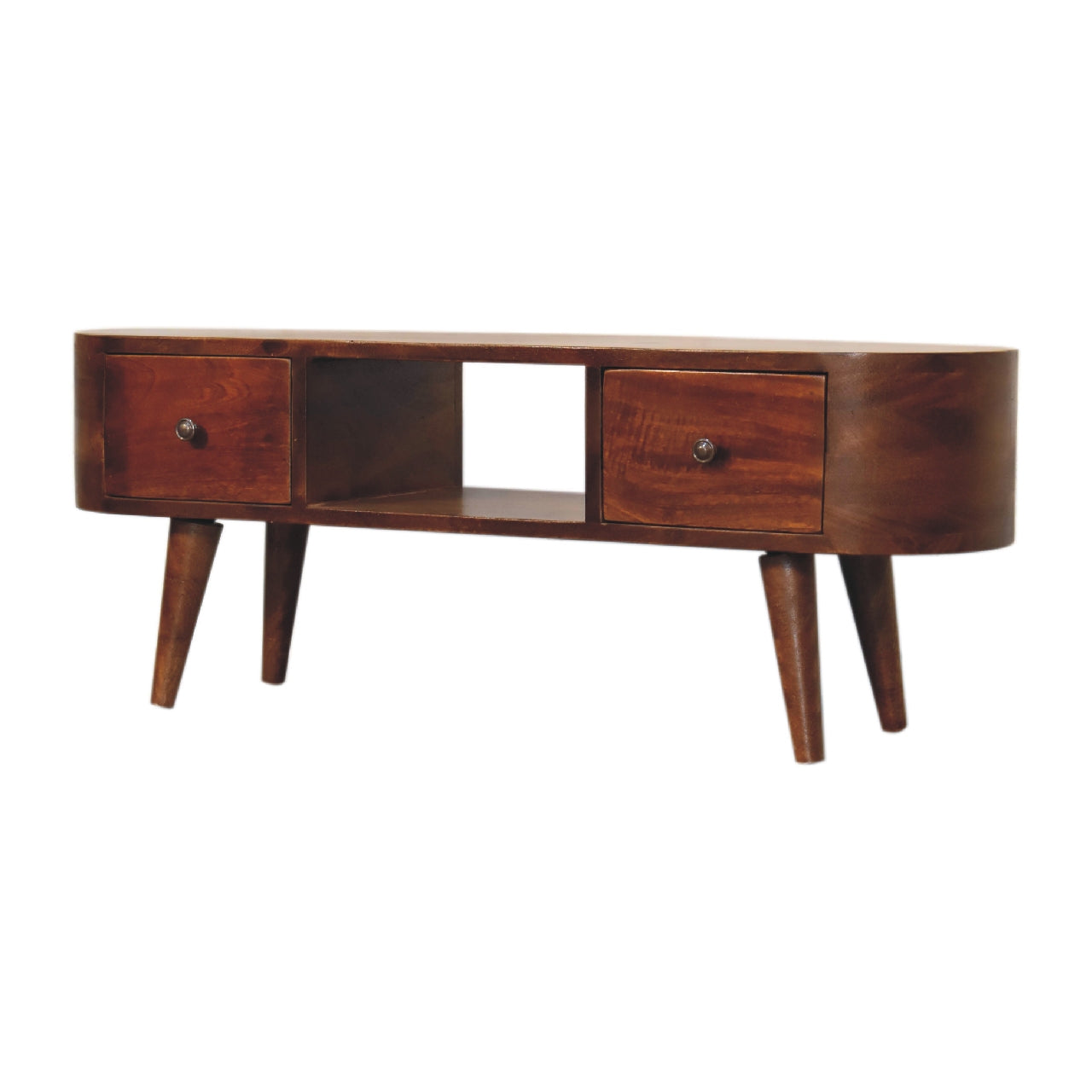Solid Mango Wood TV Stand Round And Open With 2 Drawers - Birmingham