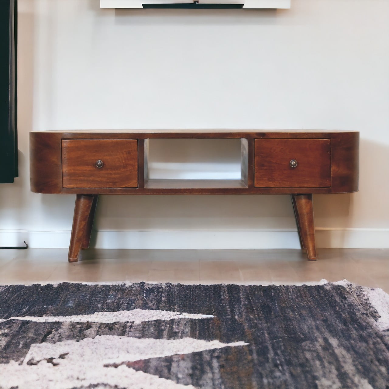 Solid Mango Wood TV Stand Round And Open With 2 Drawers - Birmingham