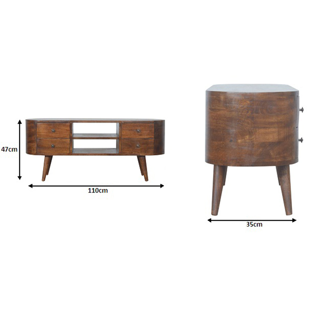 Solid Mango Wood TV Stand Rounded With 4 Drawers - Chester