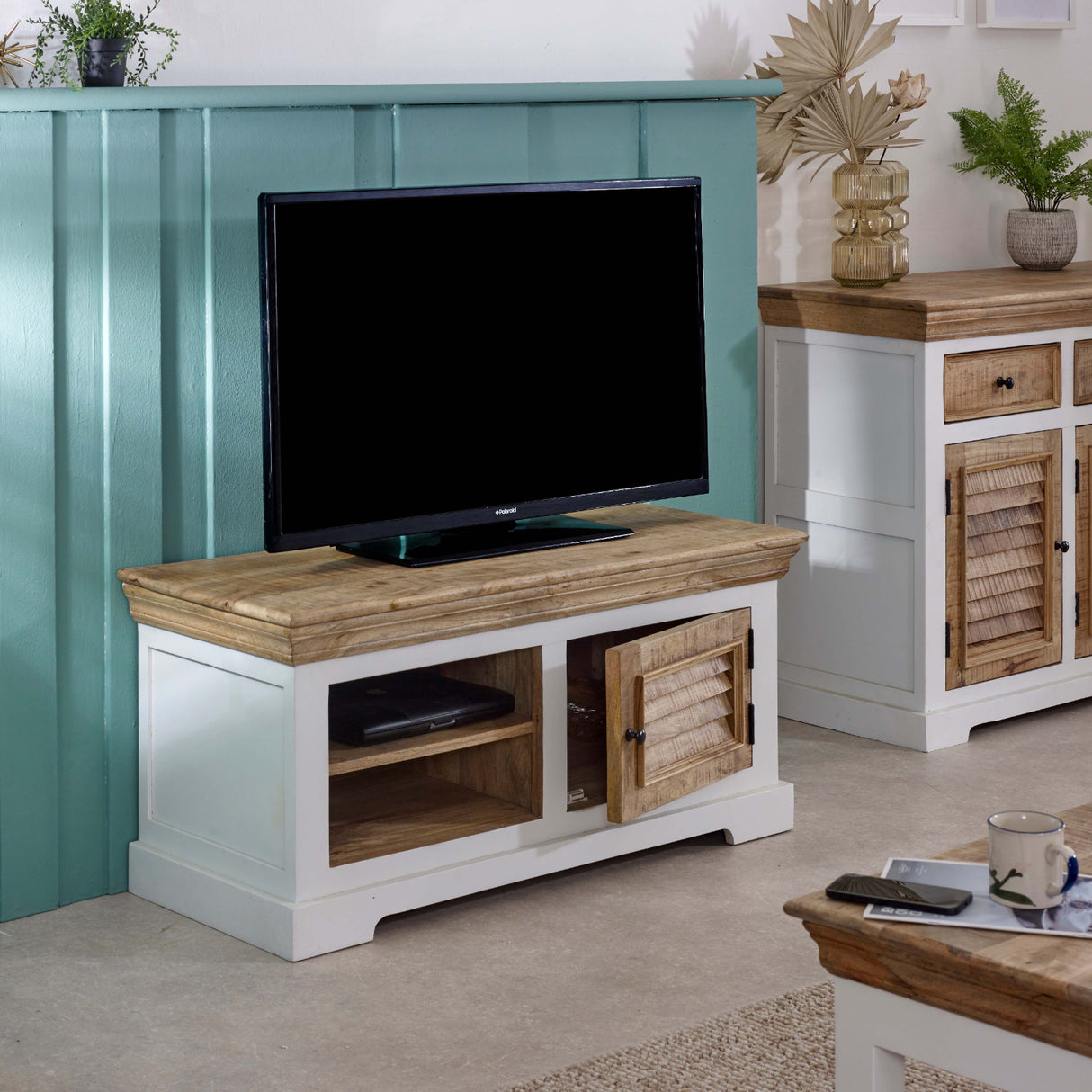 Solid Mango Wood TV Stand With 1 Door And 2 Shelves - Alfie