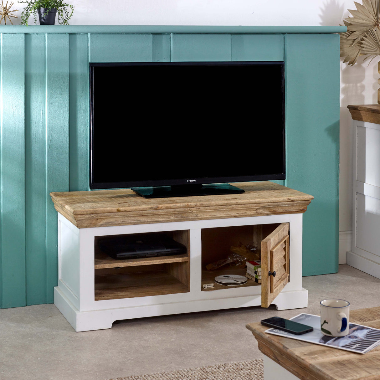 Solid Mango Wood TV Stand With 1 Door And 2 Shelves - Alfie