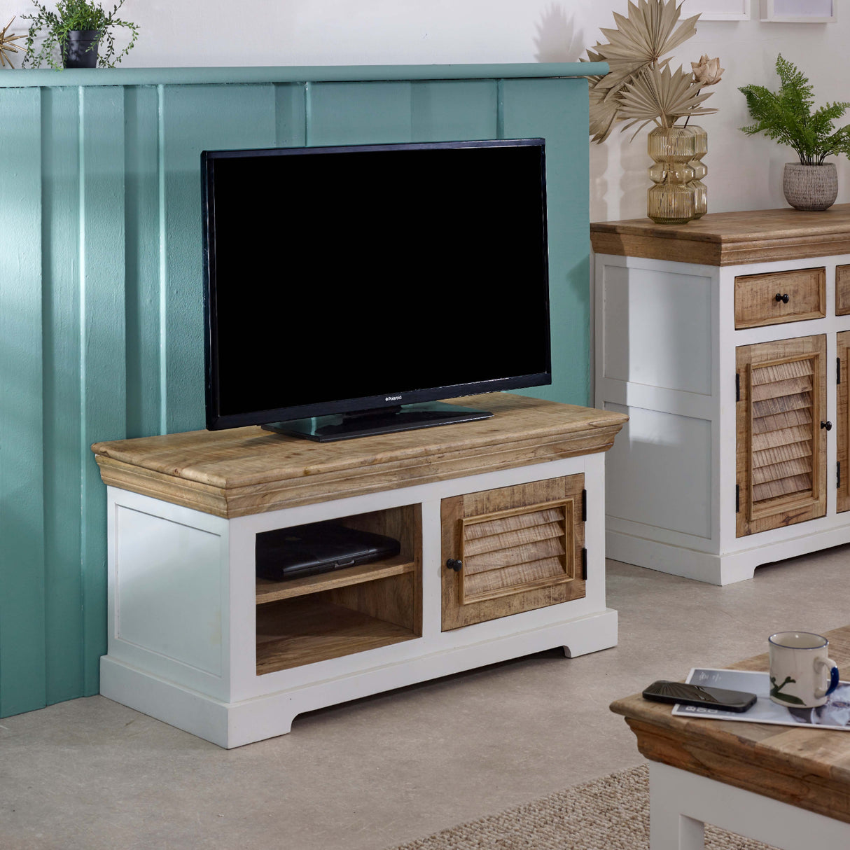 Solid Mango Wood TV Stand With 1 Door And 2 Shelves - Alfie