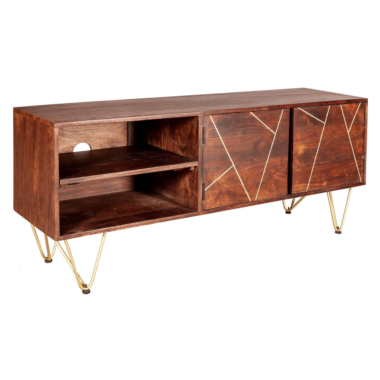 Solid Mango Wood TV Stand With 2 Doors And 2 Shelves - Dark Gold