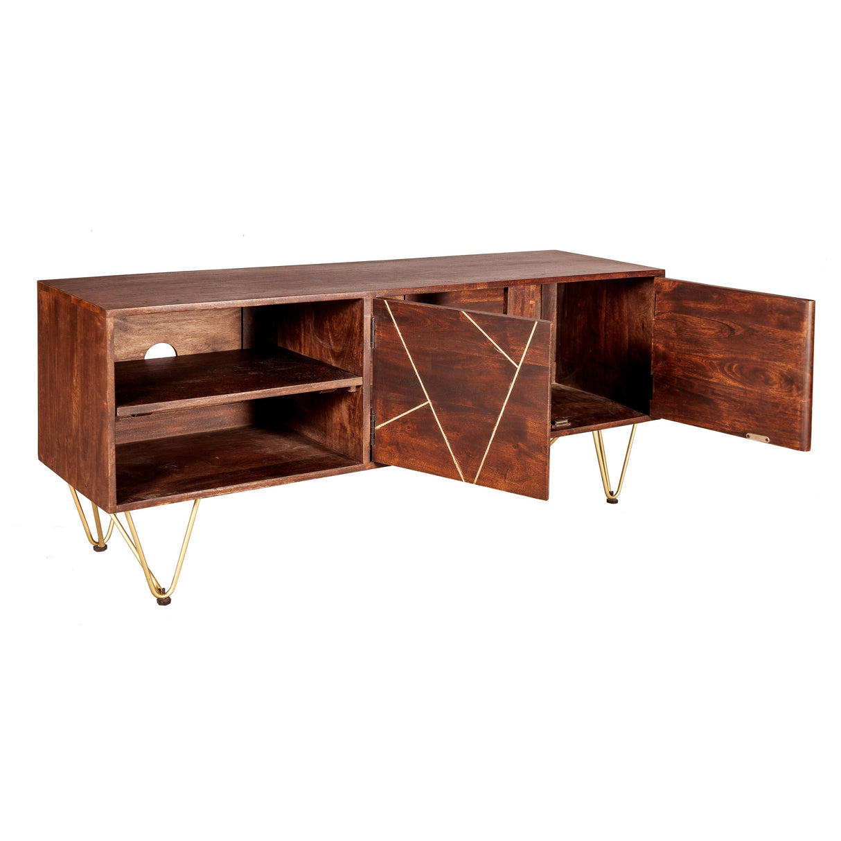 Solid Mango Wood TV Stand With 2 Doors And 2 Shelves - Dark Gold