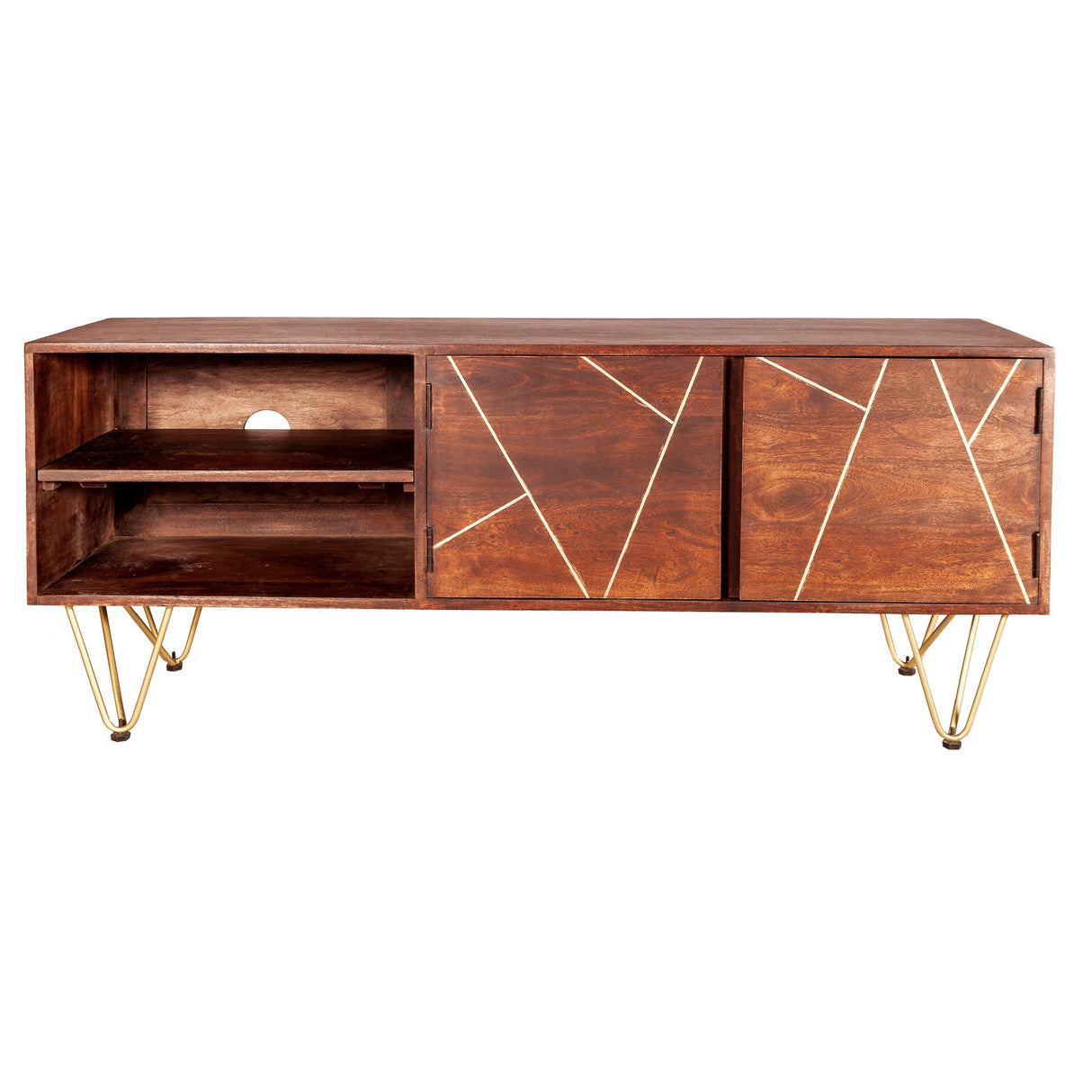 Solid Mango Wood TV Stand With 2 Doors And 2 Shelves - Dark Gold