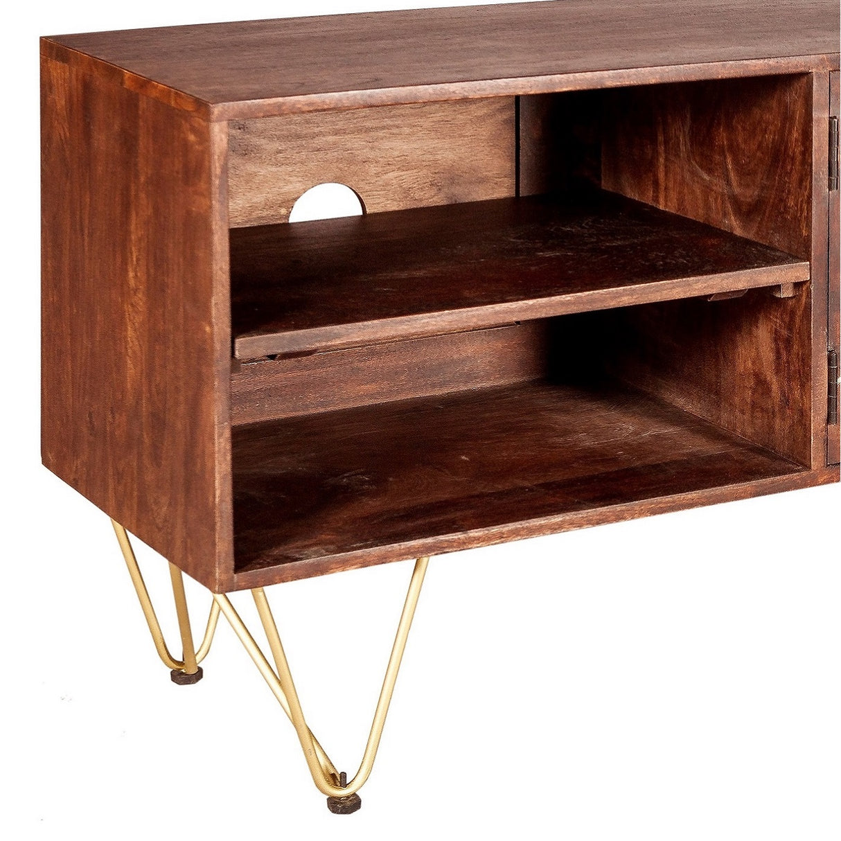 Solid Mango Wood TV Stand With 2 Doors And 2 Shelves - Dark Gold