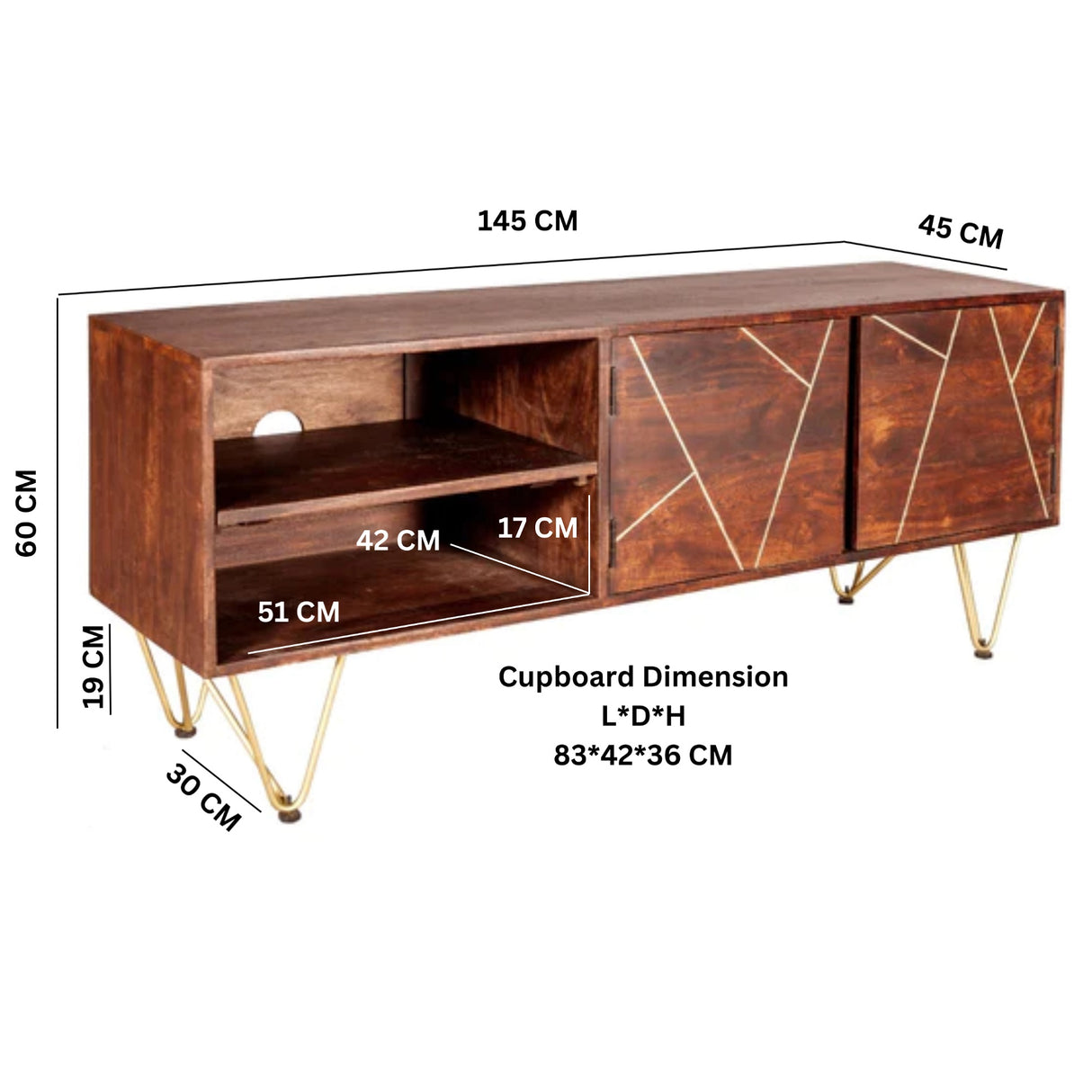 Solid Mango Wood TV Stand With 2 Doors And 2 Shelves - Dark Gold