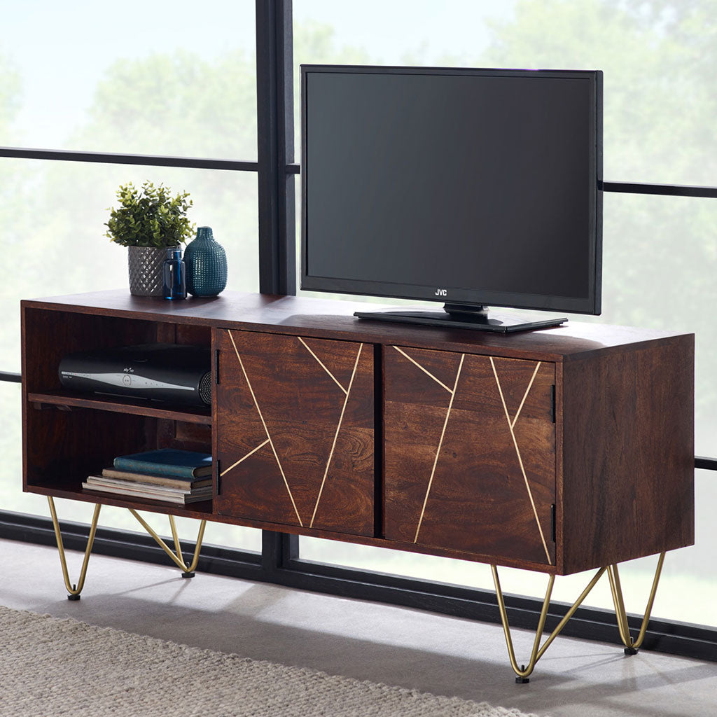 Solid Mango Wood TV Stand With 2 Doors And 2 Shelves - Dark Gold