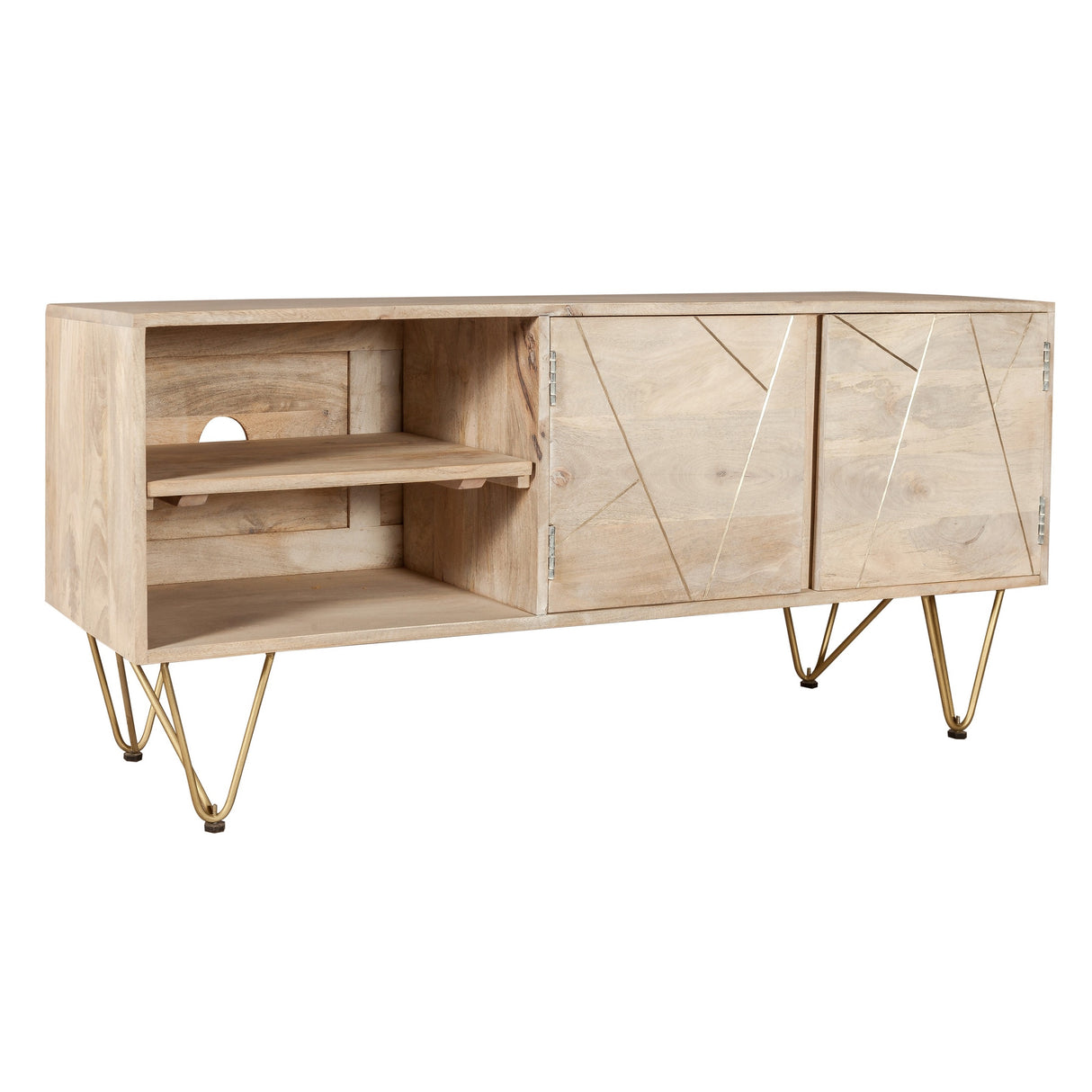 Solid Mango Wood TV Stand With 2 Doors And 2 Shelves - Light Gold