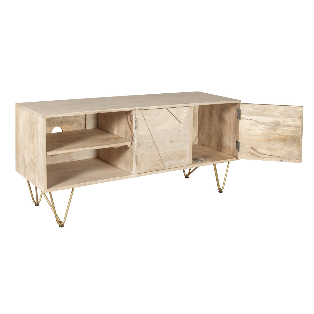 Solid Mango Wood TV Stand With 2 Doors And 2 Shelves - Light Gold