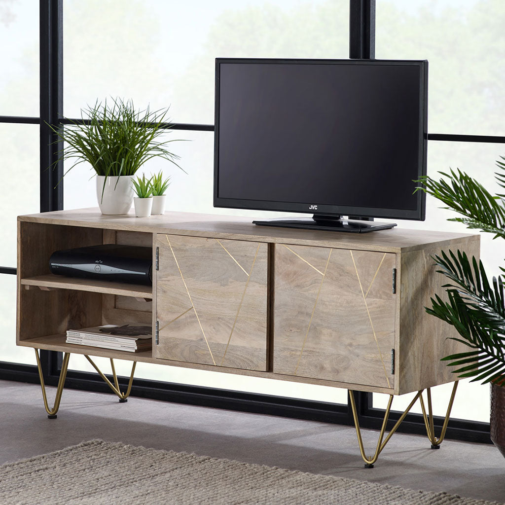 Solid Mango Wood TV Stand With 2 Doors And 2 Shelves - Light Gold