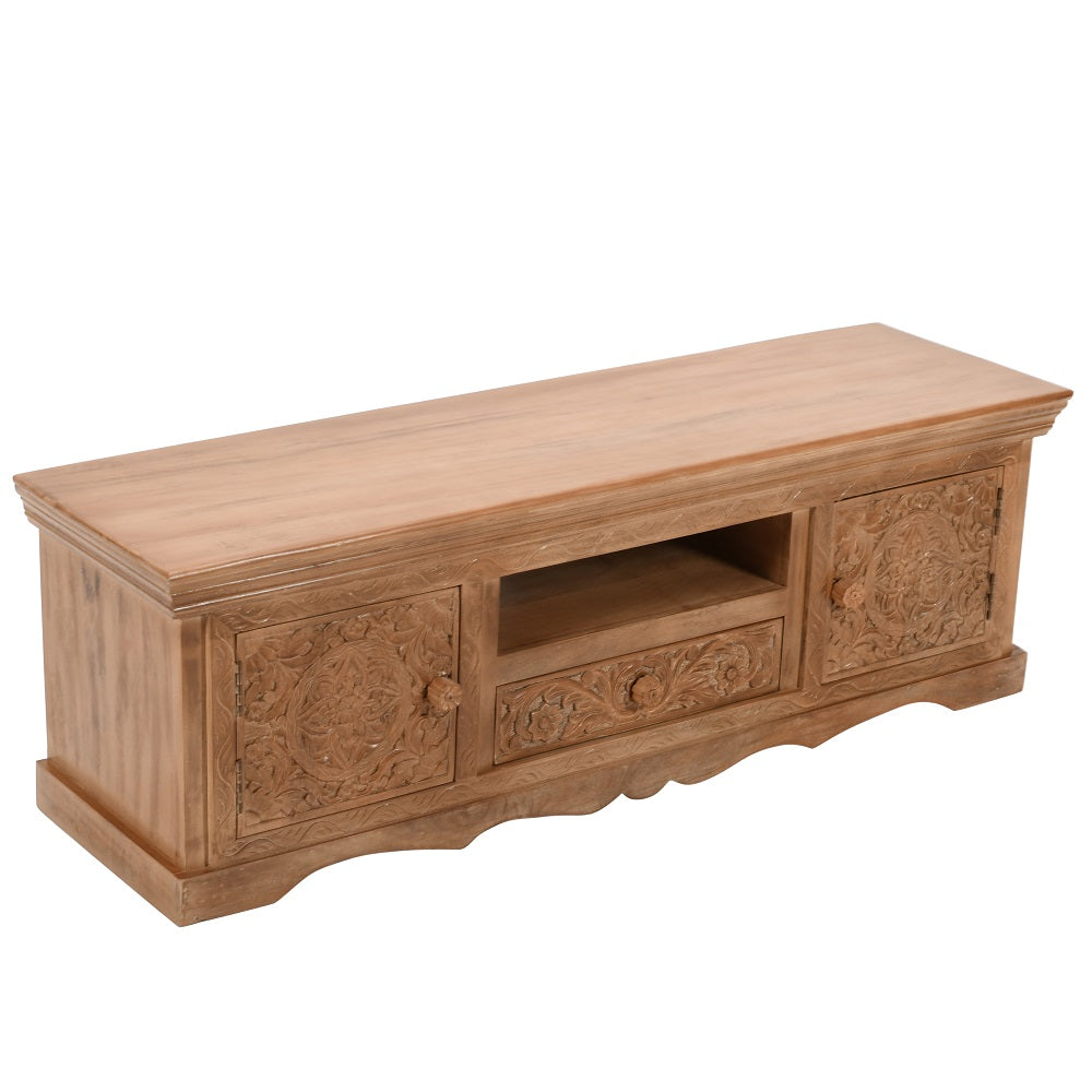 Solid Mango Wood TV Stand With 2 Doors - Artwork
