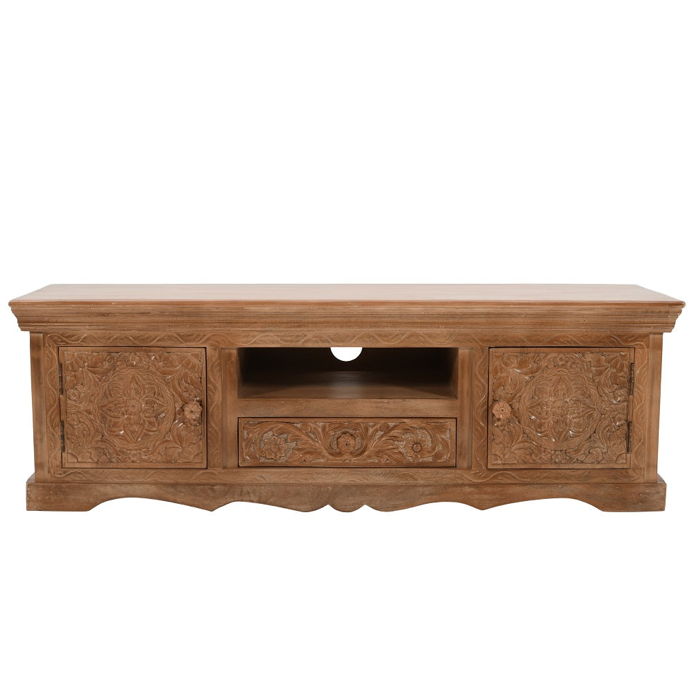 Solid Mango Wood TV Stand With 2 Doors - Artwork