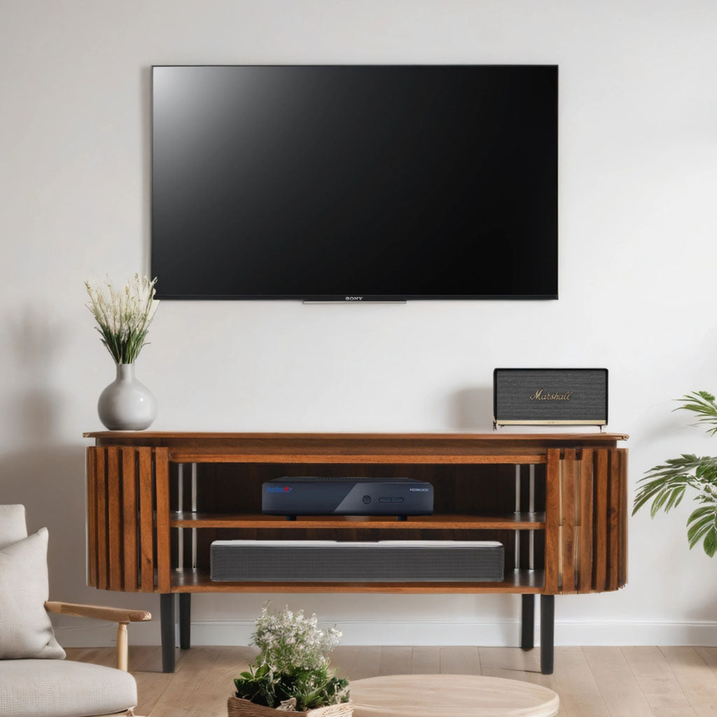 Solid Mango Wood TV Stand With 2 Shelves - Inverley Designs