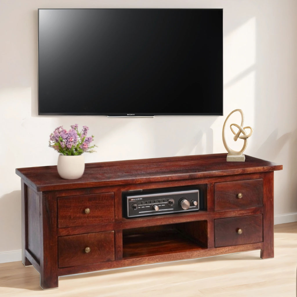Solid Mango Wood TV Stand With 4 Drawers And 2 Shelves - Jaipur