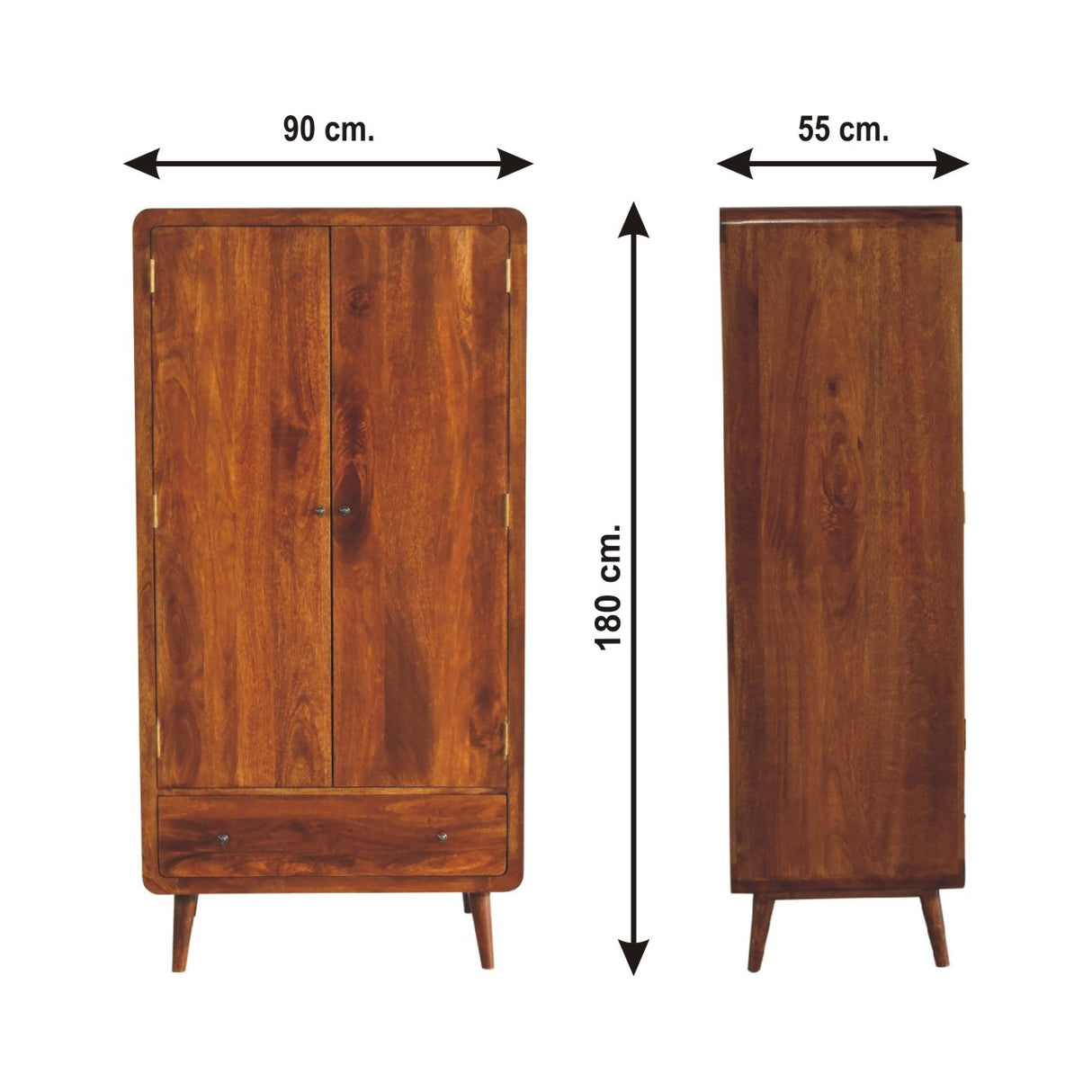 Solid Mango Wood Wardrobe Curved With 2 Doors And 1 Drawer - Gloucester